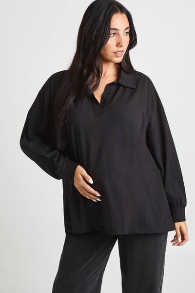 boohoo Dames Zwangerschaps Rugbyshirt Van Zwaar Katoen Met Kraag En Knoopdetail | Zwart | Maat: 46