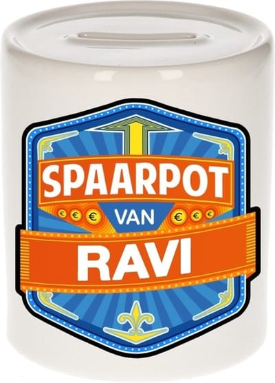 Bellatio Decorations Kinder spaarpot met naam - Ravi - keramiek - met dop - wit - Sparen - Spaargeld van Ravi