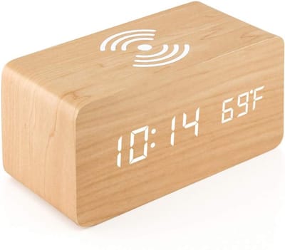 Houten digitale wekker, LED Digitaal Elektronisch Alarm Opladen Draadloos Opladen Digitale Houten Klok met Temperatuur Tijd Display - A