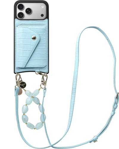 AVY Leren Hoesje geschikt voor Apple iPhone 17 Pro Max | Met Koord en Kaarthouder | Compatibel met MagSafe | Leather Case met Polsand & Crossbody Koord & Wallet | Rocher Leather Set | Croco Blauw