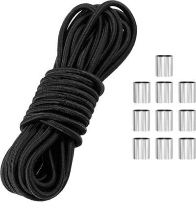 Rubber rope 6 mm x 10 m - elastic bungee cord with aluminium crimp sleeves - round expander cord for tarpaulin, trailer tarpaulin, sailing rope - highly elastic synthetic nylon fibres with rubber core - black
