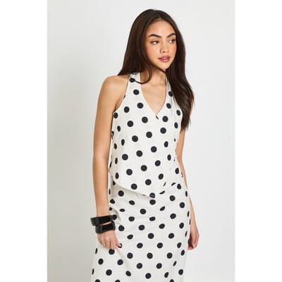 boohoo Dames Haltertop Met Wikkelmodel En Stippenprint In Linnenlook | Wit | Maat: 34