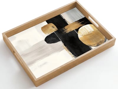 Dienblad hout 50x35 cm - Schootdienblad - Vormen - Penseelstreken - Abstract - Goud - Borrelplank rechthoek - Plateau dienbladen