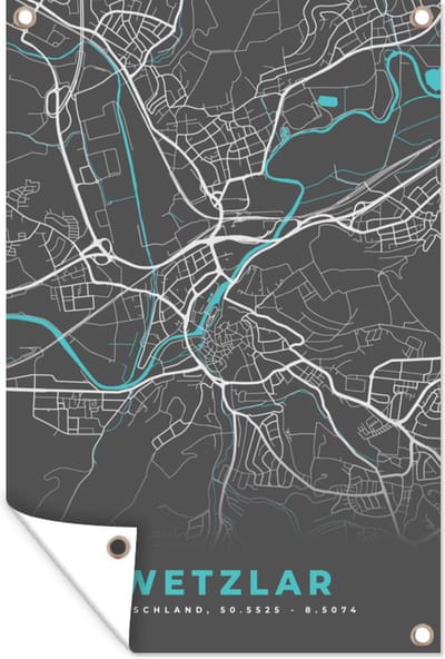 Muurdecoratie Blauw – Duitsland – Plattegrond – Stadskaart – Kaart – Wetzlar - 120x180 cm - Tuinposter - Tuindoek