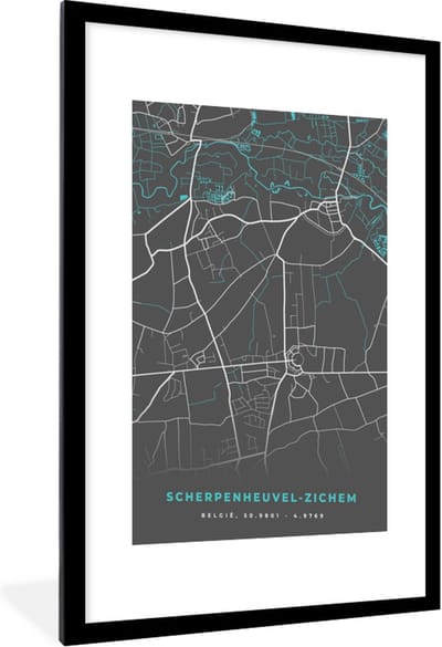 Fotolijst incl. Poster - België – Scherpenheuvel Zichem – Stadskaart – Kaart – Blauw – Plattegrond - 60x90 cm - Posterlijst
