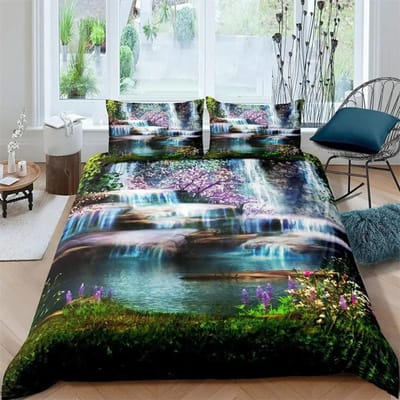 Waterval Dekbedovertrek Collectie Natuurlijk Landschap Dekbedovertrek Kussensloop Landschap Bos Waterval Queen Size Polyester Beddengoed Collectie 135X200cm-2pcs