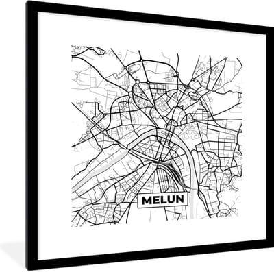 Fotolijst incl. Poster Zwart Wit- Kaart – Melun - Stadskaart – Frankrijk – Plattegrond - Zwart wit - 40x40 cm - Posterlijst