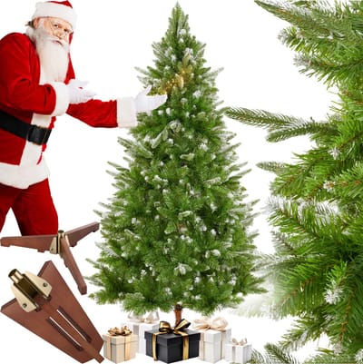 tectake® kunstkerstboom - 180 cm - kerstboom met spuitgietwerk en PVC-naalden - levensechte - besneeuwde - buigbare dennentakken - kunstkerstboom met houten standaard als kerstversiering