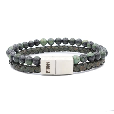 Milez - Armband mannen - armband heren leer met kralen - Groen - Maat S