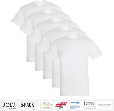 5 Pack Sol's Heren T-Shirt 100% biologisch katoen Ronde hals Wit Maat 2XL