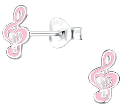 Joy|S - Zilveren muzieknoot oorbellen - G sleutel - 4 x 8 mm - roze - kinderoorbellen