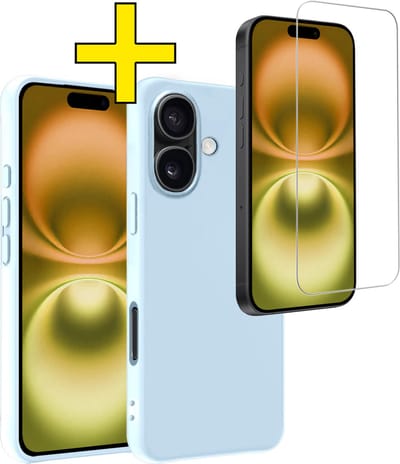 Hoesje - Met Screenprotector - Geschikt voor Apple iPhone 16 - Sterk & Shockproof - Back Cover - Siliconen Case - Telefoon Hoes - Telefoonhoesjes - Lichtblauw