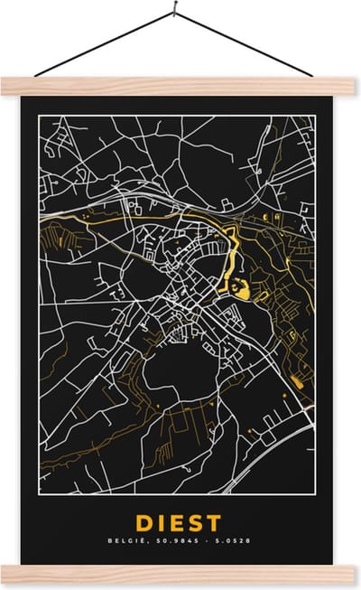 Posterhanger incl. Poster 40x60 cm - Schoolplaat - Diest - Stadskaart - Goud - Plattegrond - Kaart - Textielposter - Blanke latten - Stadskaart