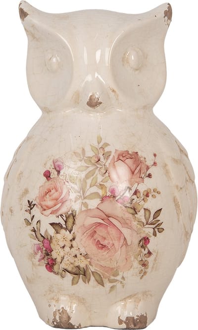 Clayre & Eef Decoratie Beeld Uil 13x12x21 cm Beige Keramiek Bloemen