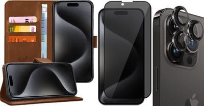 Hoesje geschikt voor iPhone 15 Pro - Privacy Screenprotector FullGuard & Camera Lens Screen Protector Zwart - Book Case Kunstleer Pasjeshouder Bruin