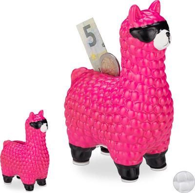 2x lama spaarpot met zonnebril - felroze spaarpotje - alpaca - keramiek
