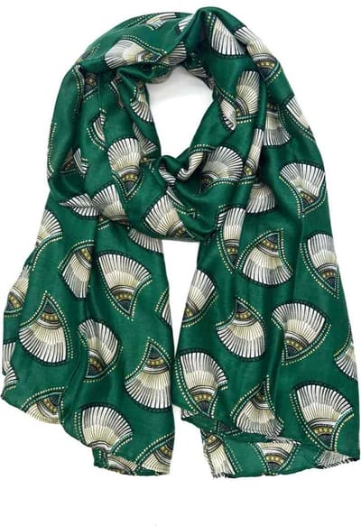 Lange dames sjaal Annie fantasiemotief schelpenmotief groen wit zwart bruin blauw goud