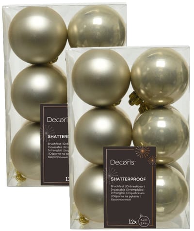 Decoris Kerstballen - 24x - licht parel/champagne - 6 cm - kunststof - mat/glans - kerstversiering - kerst