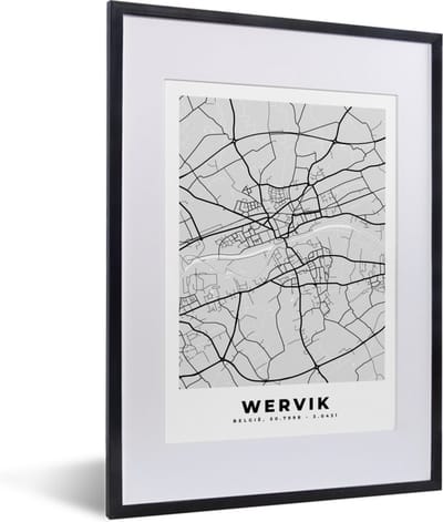 Fotolijst incl. Poster Zwart Wit- België – Wervik – Stadskaart – Kaart – Zwart Wit – Plattegrond - 30x40 cm - Posterlijst