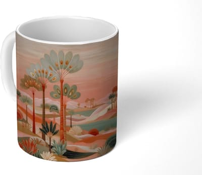 Mok - Koffiemok - Roze landschap - Palmen - Water - Mokken - 350 ML - Beker - Koffiemokken - Theemok
