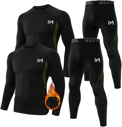 MEETHOO 4 Stuks/2 Sets Thermo Ondergoed Set voor Heren - Thermokleding Set - Thermobroek + Thermoshirt - Wintersport kleding - onderkleding-Zwart-XXL
