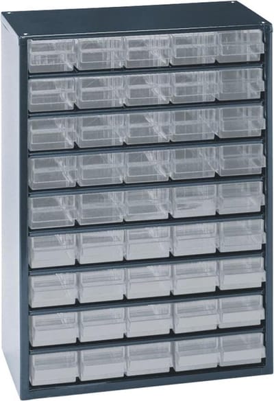 Raaco Ladekast met 45 lades - Metalen Assortimentskast - Opbergsysteem voor o.a. schroeven en bouten - Kan aan de muur bevestigd worden - 306x150x417 mm