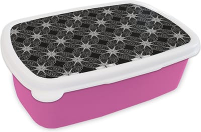 Broodtrommel Roze - Lunchbox - Brooddoos - Kompas - Patronen - Zwart Wit - 18x12x6 cm - Kinderen - Meisje