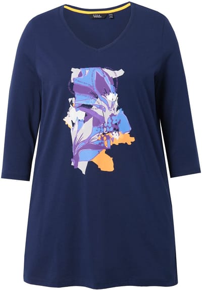 Ulla Popken - Dames - Longshirt bloemen A-lijn V-hals 3/4-mouwen - Inktblauw - Maat 42+