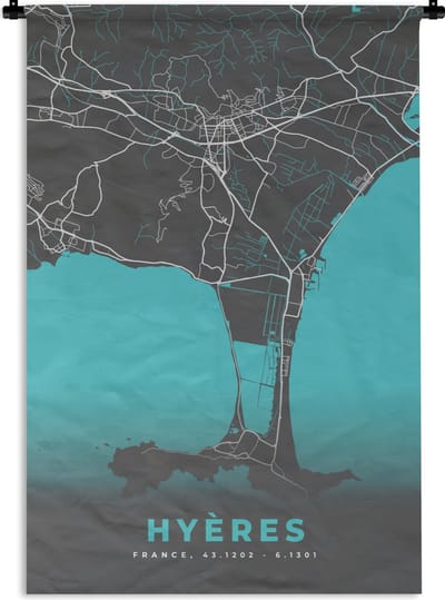 Wandkleed - Wanddoek - Hyères - Frankrijk - Kaart - Stadskaart - Plattegrond - 120x180 cm - Wandtapijt