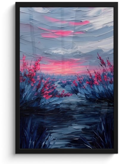 Poster in lijst - Fotolijst 40x60 cm - Posters - Schilderij - Zonsondergang - Bloemen - Rivier - Posterlijst zwart - Decoratie - Wanddecoratie woonkamer - Muurdecoratie slaapkamer