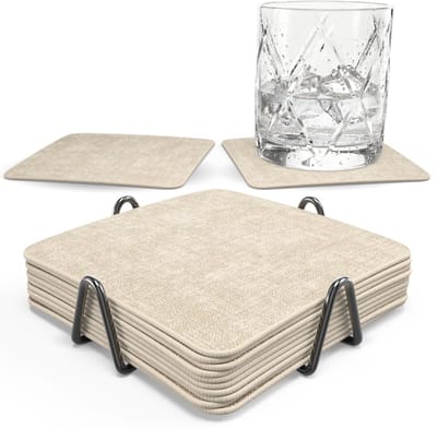Castagnola Kunstlederen Onderzetters – Onderzetters voor Glazen – Design Onderzetters met Houder – Leren Onderzettersset met metalen houder – Leder – Set van 10 - Gemêleerd Beige - 10x10cm
