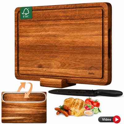 Snijplank van Acaciahout met Mes - Dubbelzijdige Houten Snijplank & Borrelplank 38×26×3 cm - Met Serveergeul & Houder