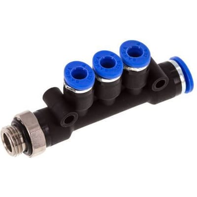 4mm x 6mm x G1/8'' 3-way Manifold Messing/PA 66 Insteekfitting Buitendraad Draaibaar NBR