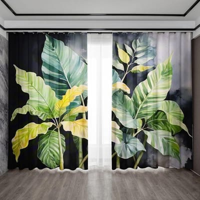 Lot de 2 rideaux de gaze pour décoration d'intérieur - Motif feuilles tropicales - Adaptés à la cuisine, au café, au salon, au balcon et au jardin 75x166 cm&Without mount
