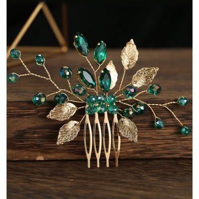 Handgemaakte Blad & Kristal Zijkam Haaraccessoire voor Bruiloft Feest Royal, Schoolspullen, College one-size groen