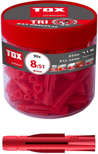 TOX Multifunctionele plug Tri 8 x 51 mm in ronde doos, pluggen voor bijna alle bouwmaterialen, 90 stuks, 010260051 90 stuks. 8/51 mm