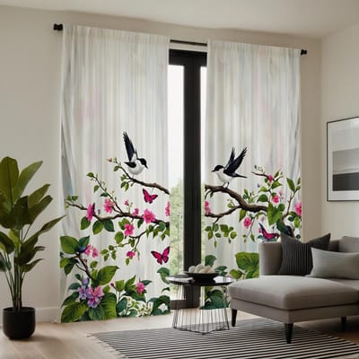 2 stuks HD Pastorale stijl klein fris vogelgezang bloemdecoratie gordijn wit strik digitaal bedrukt gordijn huisdecoratie W52H63inchW132H160cm white