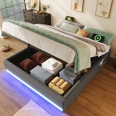 Komhtom Gestoffeerd bed, 140*200 cm, LED-strip met afstandsbediening, met USB en Type-C, met kleine opbergvakken, zonder hoofdeinde, hydraulische opbergfunctie, zonder matras, grijs