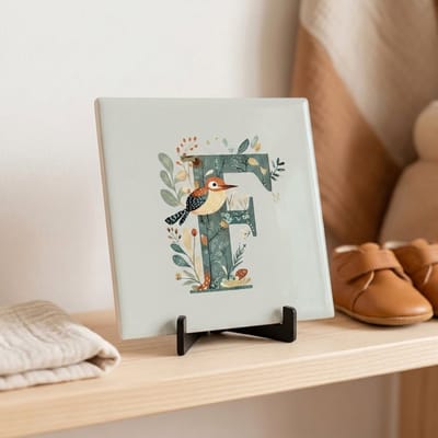 Tegeltje | Alfabet | Bosdiertjes | Baby | Letter F | Glans afwerking | Inclusief gratis standaard | 15 x 15 cm | Fotofabriek