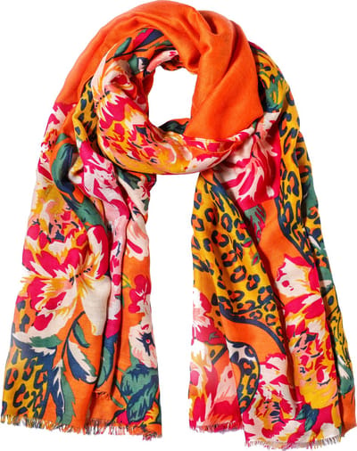 Nouka Oranje / Geel / Rood Multicolor Dames Sjaal – Panterprint & Bloemenprint - Dunne & Lichte Sjaal - Luchtige Shawl – Lente / Zomer – 90 x 180 cm