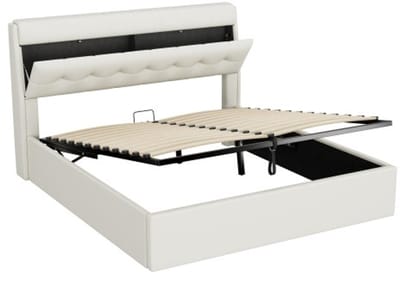 Gotagee Gestoffeerd bed, 160X200, hydraulisch bed, verborgen hoofdeinde opbergruimte, bedlade opbergruimte, PU, met lattenbodem en met hoofdeinde, zonder matras, wit