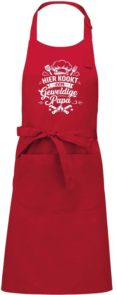 mijncadeautje - luxe schort - hier kookt een geweldige papa - rood - opdruk wit