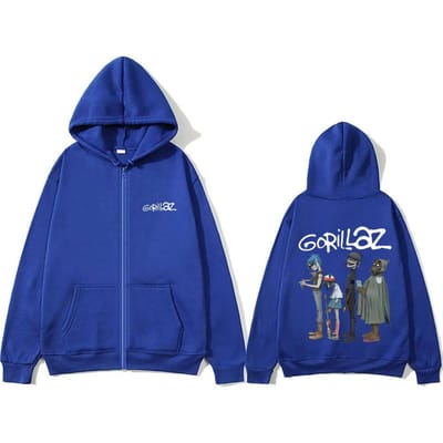 Alternative Rock Band Gorillaz Grafische Rits Hoodie Heren Dames Hip Hop Mode Ritsjas Casual Oversized Rits Sweatshirt 2XL blauw