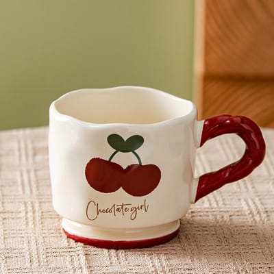 Tasse Céramique à Carreaux Cerise Rétro Moyenne Haute Valeur Tasse Décontractée Maison Lait Petit-Déjeuner Dessin Animé Créativité 450ml