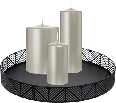 Wiedemann Cilinderkaarsen - stompkaarsen set - op zwart dienblad van metaal - 3x stuks - zilver - 6 x 12 - 10x15 - 7x20 cm