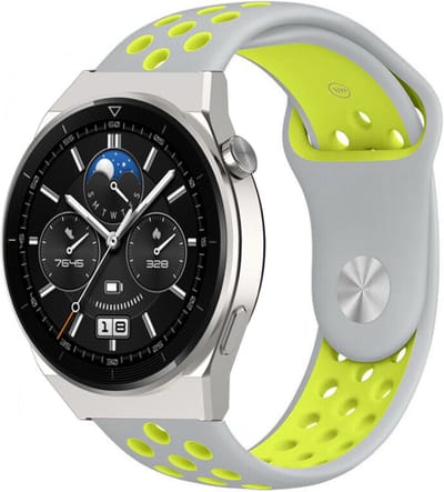 Strap-it Ademend sport siliconen bandje - geschikt voor Huawei Watch GT 1 / GT 2 / GT 3 / GT 3 Pro / GT 4 46mm / GT 5 & 5 Pro (46mm) / GT 2 Pro / GT Runner / Watch 3 (Pro) / Watch 4 (Pro) / Watch Ultimate - grijs/geel
