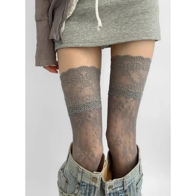 Bas Résille en Nylon avec Bordure en Dentelle Sexy pour Femmes Rétro Floral Doux Maille Respirante Cuisse Haute Chaussettes Longues Jk Chaussettes au-dessus du Genou One Size gray