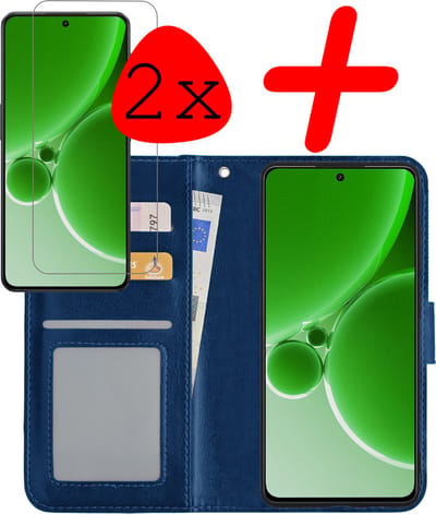 Hoesje Met 2x Screenprotector - Geschikt voor OnePlus Nord 3 - Luxe Pasjeshouder - Bookcase Portemonee - Flip Case - Kunstleer Book Case - Flipcase Hoes - Book Cover - Walletcase - Portemonneehoes - Donkerblauw