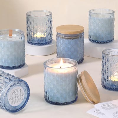 Set van 6 Blauwe Glazen Kandelaren 200ml met Deksel voor Kaarsen Maken