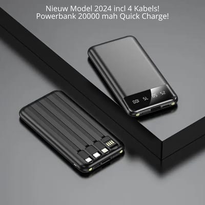 Powerbank 20000 mAh Quick Charge - Ingebouwde LED Zaklamp - 4 Stevige Ingebouwde Kabels - Nieuw Model 2025 - Zwart